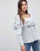 Fashion Union Peplum Blouse With Ruffles In Check - Gray