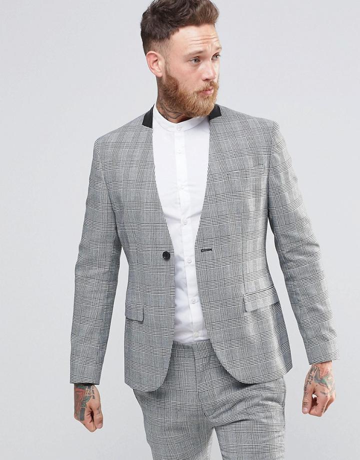 Religion Skinny Collarless Blazer In Prince Of Wales Check - Gray