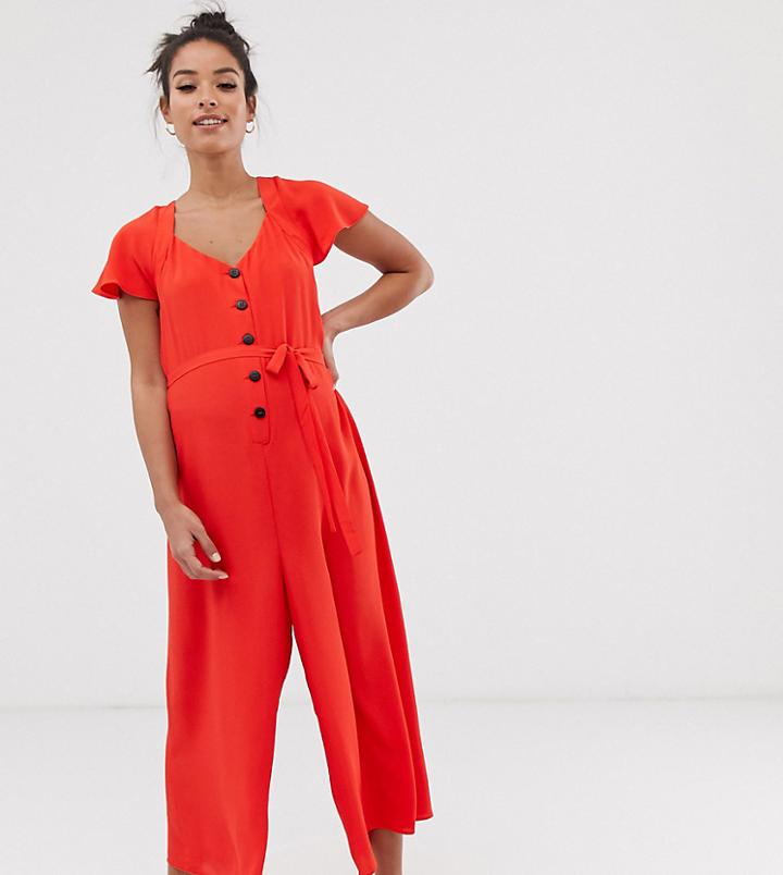 Asos Design Maternity Button Front Frill Sleeve Jumpsuit With Cut Out Back - Red