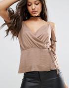 Asos Wrap Cami With Cold Shoulder In Satin - Beige