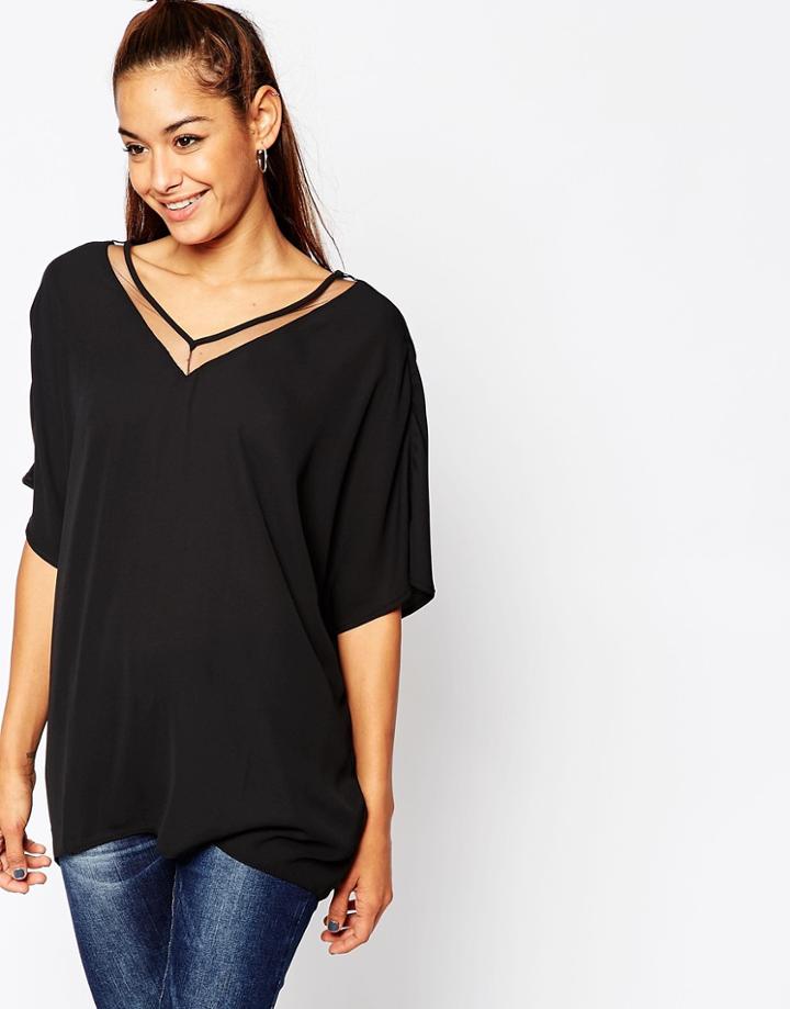Asos V Neck Tee With Mesh Insert - Black