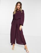 Asos Design Modest Shirred Smocked Waist Jumpsuit In Plum-purple