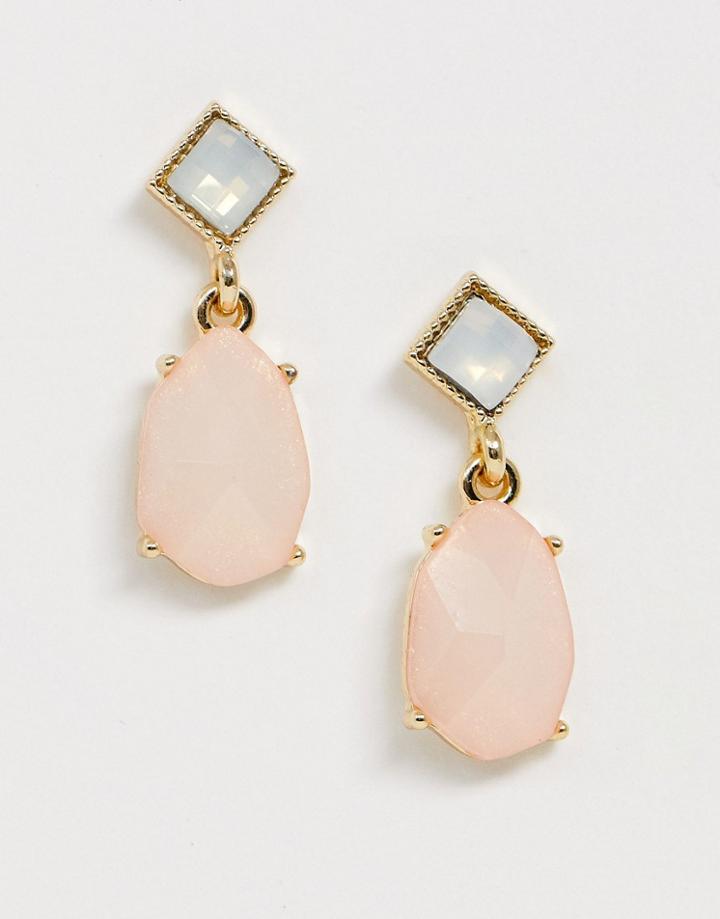 Asos Design Earrings With Pastel Pink Jewel Drop And Faux Opal Stud