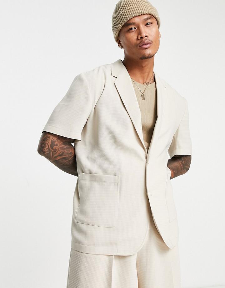 Asos Design Oversized Short Sleeve Suit Jacket In Beige Waffle-neutral