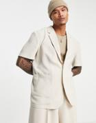 Asos Design Oversized Short Sleeve Suit Jacket In Beige Waffle-neutral