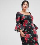 City Goddess Plus Bell Sleeve Rose Print Shift Dress-red