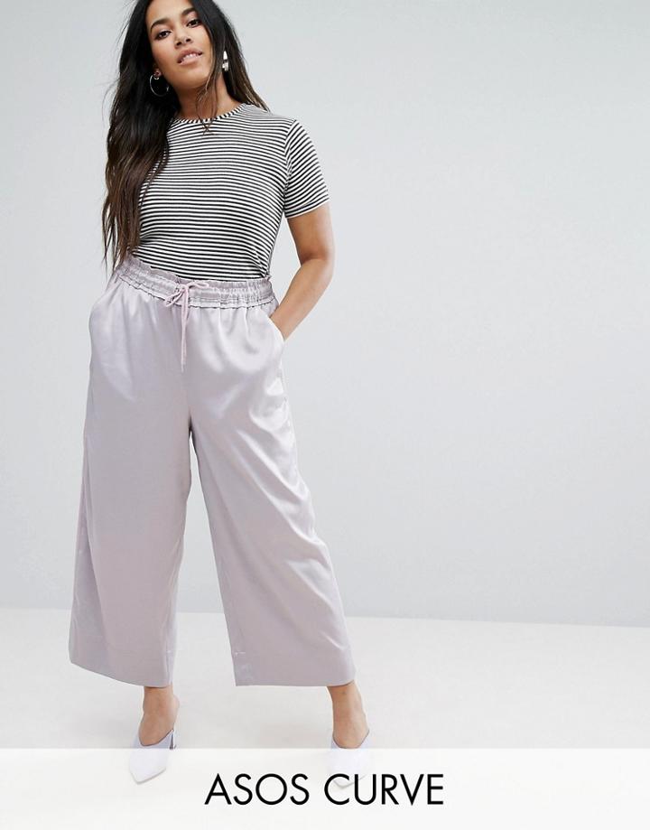 Asos Curve Satin Wide Leg Culotte Pants With Piping - Purple