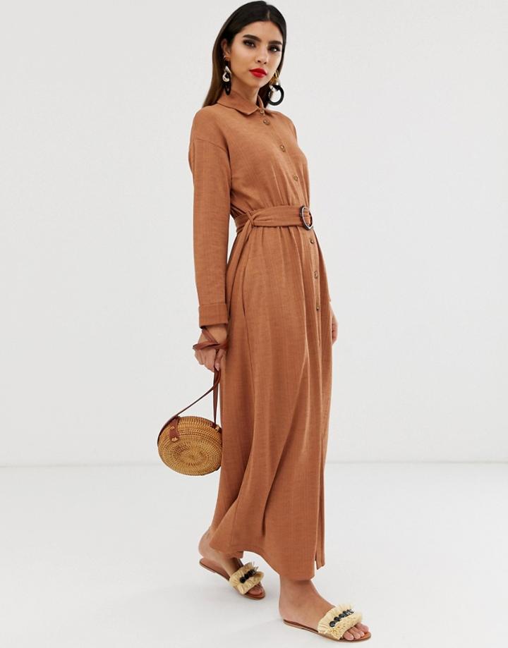Asos Design Maxi Belted Textured Shirt Dress - Beige