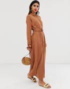 Asos Design Maxi Belted Textured Shirt Dress - Beige