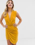 John Zack Plunge Front Ruched Mini Dress In Mustard - Yellow