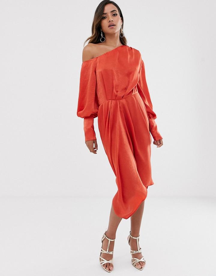 Asos Design One Shoulder Blouson Midi Dress In Washed Satin