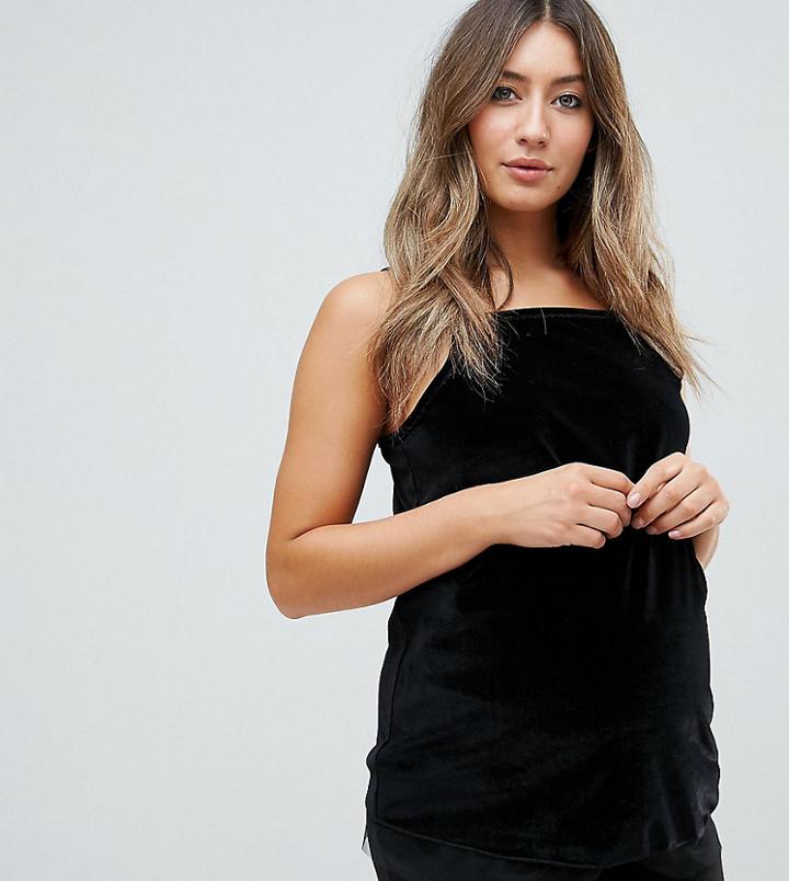 Asos Maternity Cami In Velvet With Mesh Hem Detail And Square Neck - Black