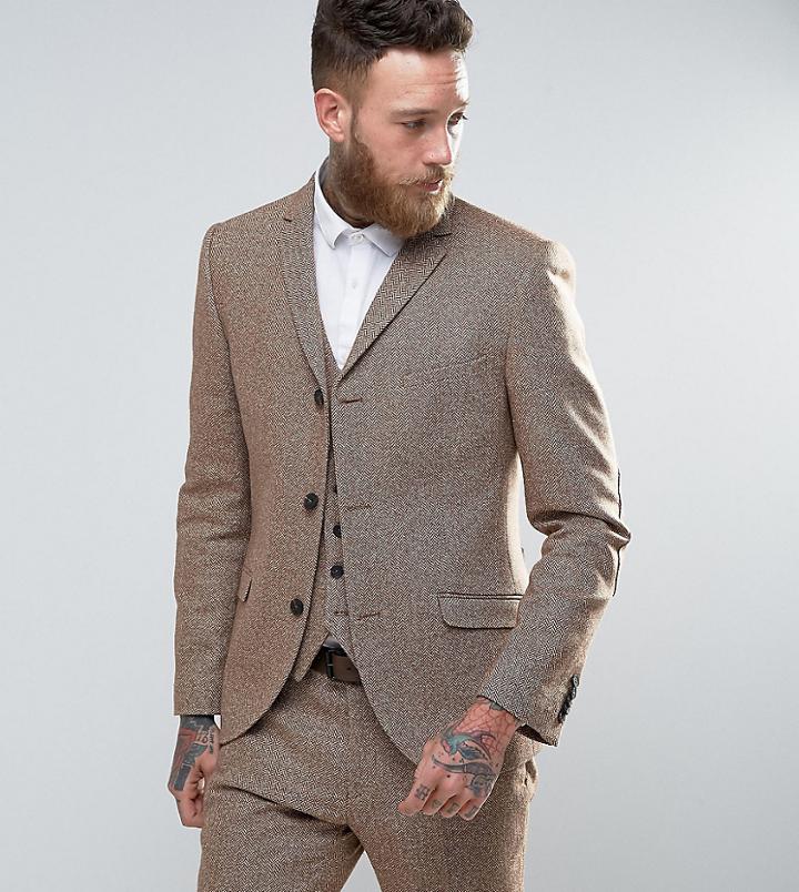 Heart & Dagger Skinny Suit Jacket In Herringbone Tweed - Stone