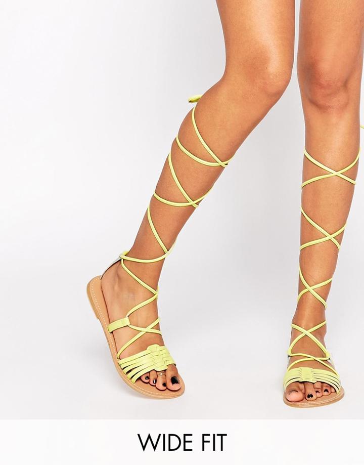 Asos Fraternal Wide Fit Leather Flat Sandals - Chartreuse
