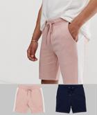 Asos Design Jersey Skinny Shorts 2 Pack With Side Stripe In Pink And Plain Navy