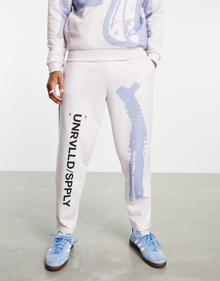 Asos Unrvlld Spply Relaxed Sweatpants With Abstract Graphic & Logo Prints In Beige - Part Of A Set-neutral