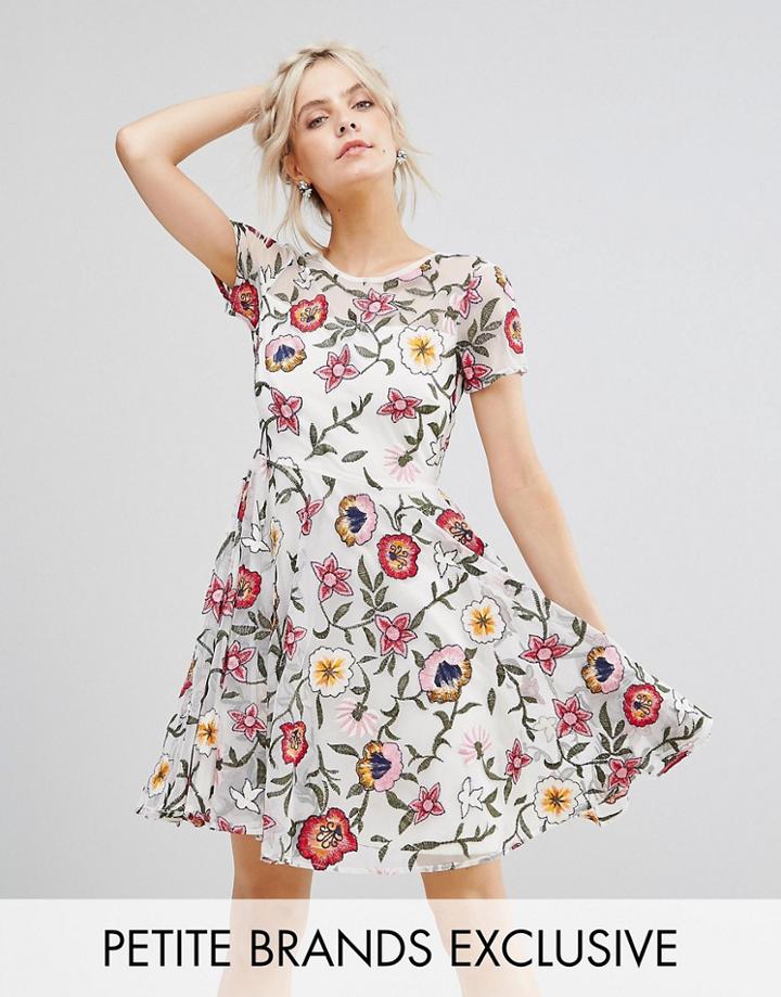 Frock And Frill Petite Floral Embroidered Mini Skater Dress With Cap Sleeves & High Low Hem - White