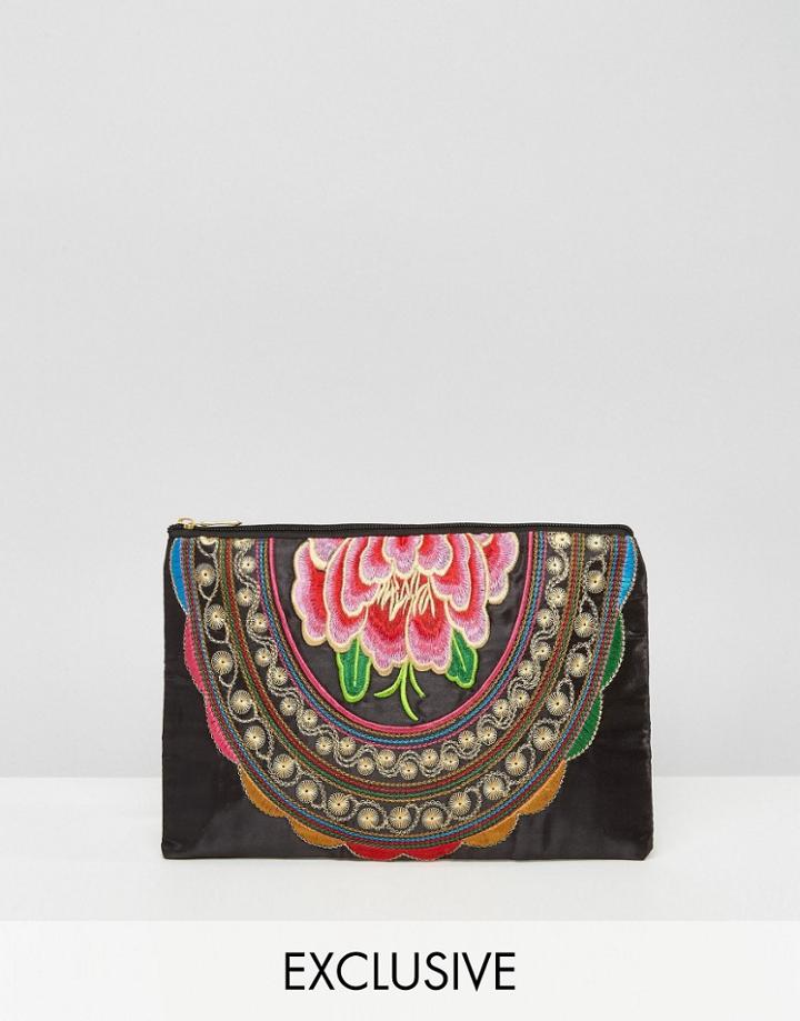 Reclaimed Vintage Flower Embroidered Clutch Bag - Black