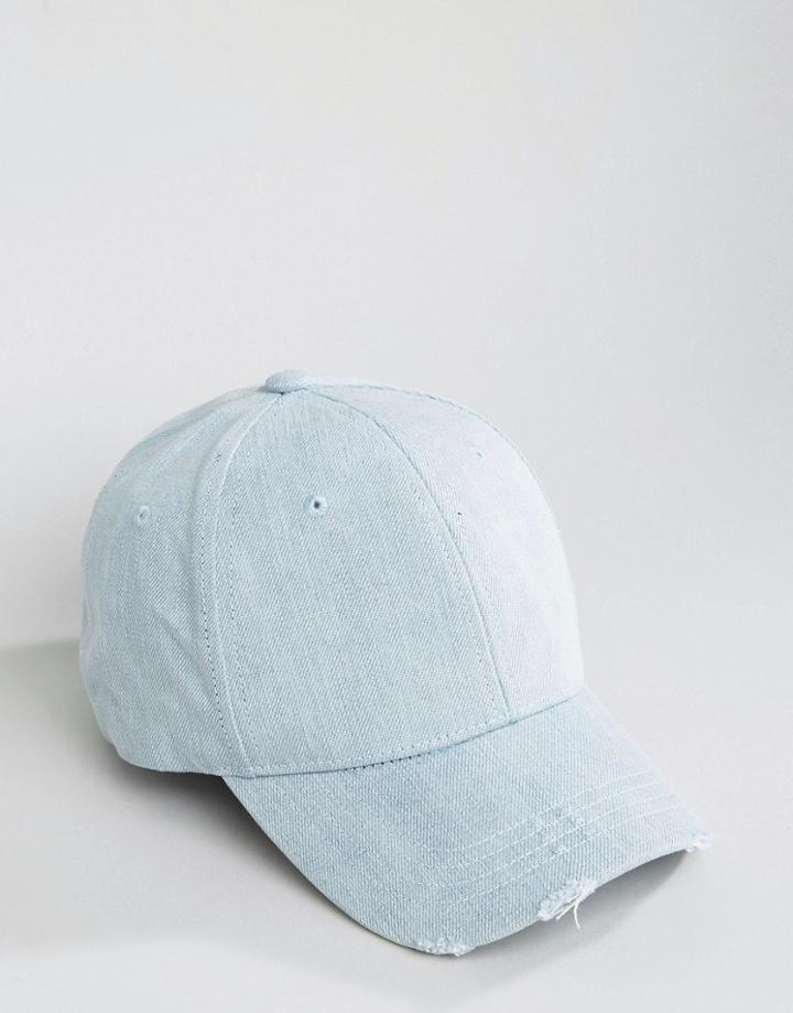 Asos Baseball Cap In Distressed Denim - Blue