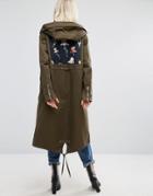 Lost Ink Parka Jacket With Oversize Floral Back Patch - Green