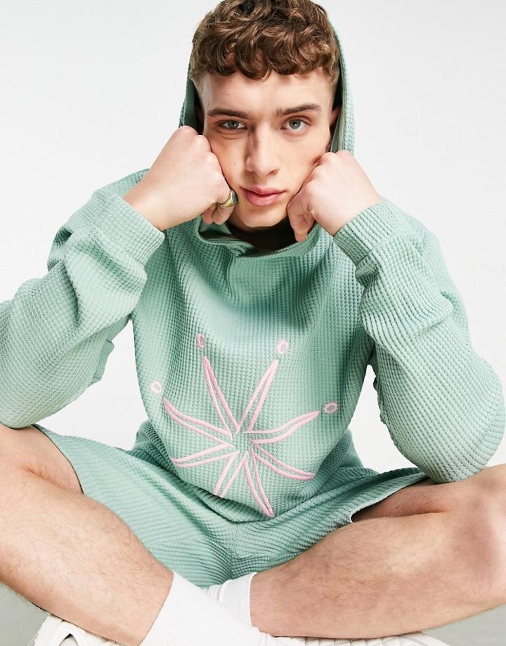 Asos Design Set Oversized Heavyweight Waffle Hoodie With Embroidery-green