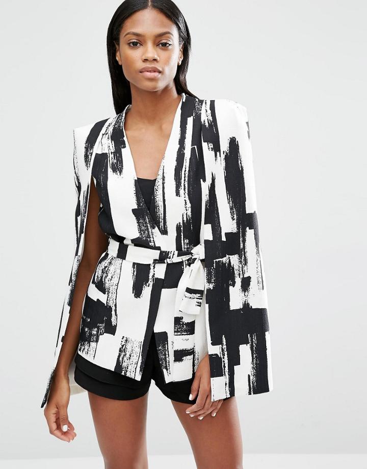 Lavish Alice Monochrome Brush Print Split Back Tie Front Cape Blazer - Multi