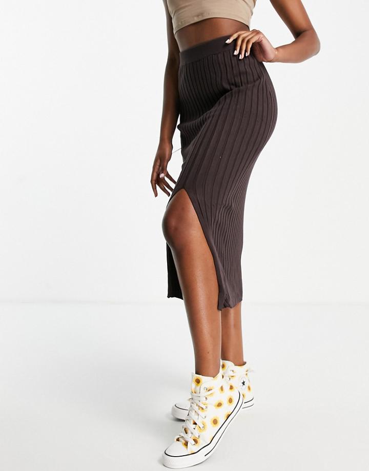Monki Loa Ecovero Ribbed Midi Skirt In Brown