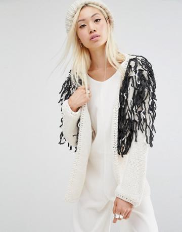 Oneon Hand Knitted Shaggy Cardigan - Cream