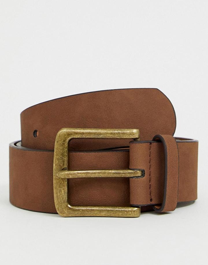 Asos Design Wide Belt In Brown Faux Leather With Vintage Gold Buckle - Brown
