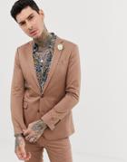 Devils Advocate Super Skinny Plain Cotton Sateen Stretch Suit Jacket - Brown