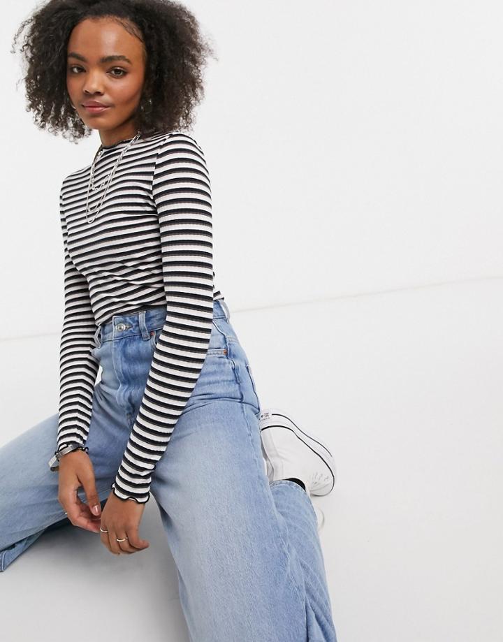 Only T-shirt With Lettuce Edge And Long Sleeves In Stripe-white