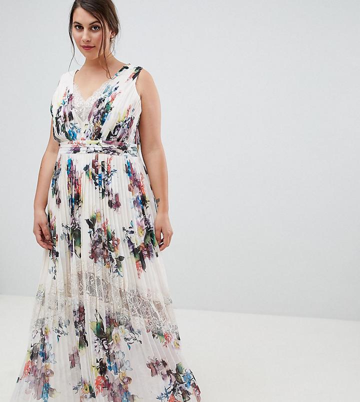 Little Mistress Plus Pleated Maxi Dress In Floral Print In Cream Multi - Cream