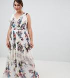 Little Mistress Plus Pleated Maxi Dress In Floral Print In Cream Multi - Cream