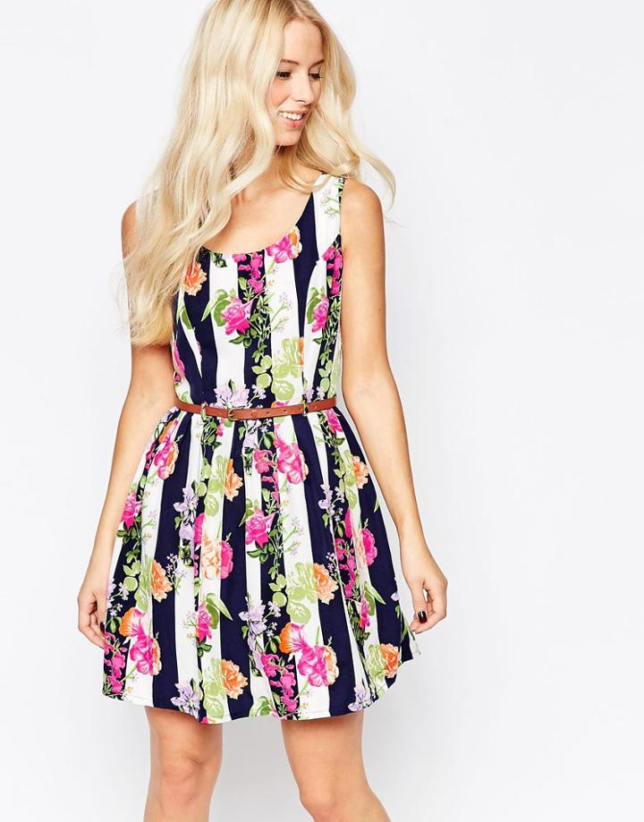 Iska Belted Skater Dress In Floral Stripe Print - Multi