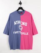 Asos Design Oversized T-shirt In Pink & Purple Color Block With Athens Text Print-multi