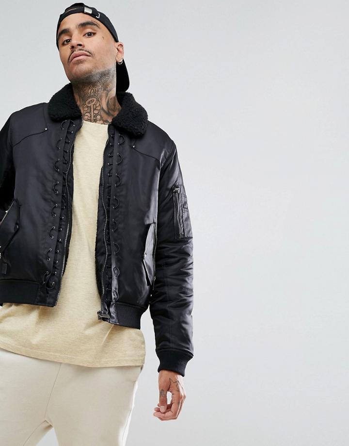 Black Kaviar Bomber Jacket In Black With Fleece Collar - Black