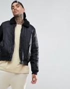 Black Kaviar Bomber Jacket In Black With Fleece Collar - Black