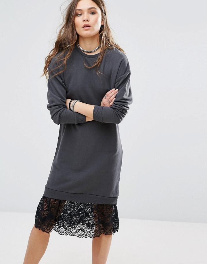 New Look Lace Hem Sweat Dress - Black