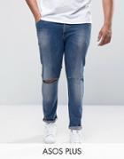 Asos Plus Super Skinny Jeans With Knee Rips - Blue