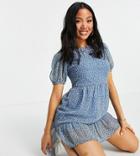 Influence Petite Puff Sleeve Tiered Mini Dress-blues