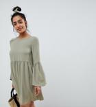 Asos Design Petite Fluted Sleeve Smock Mini Dress - Green