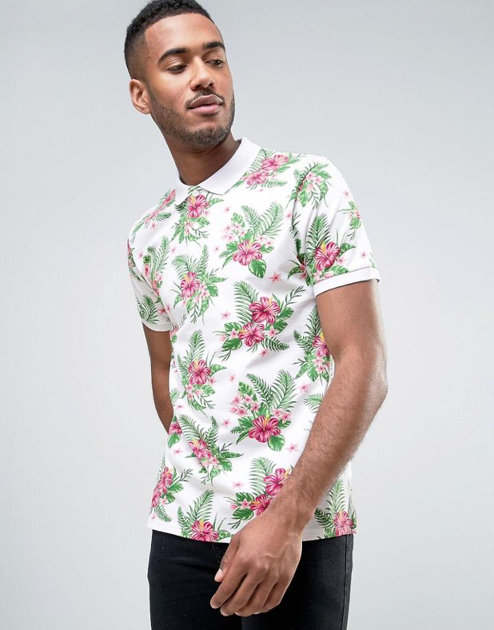 Threadbare Tropical Print Polo - White