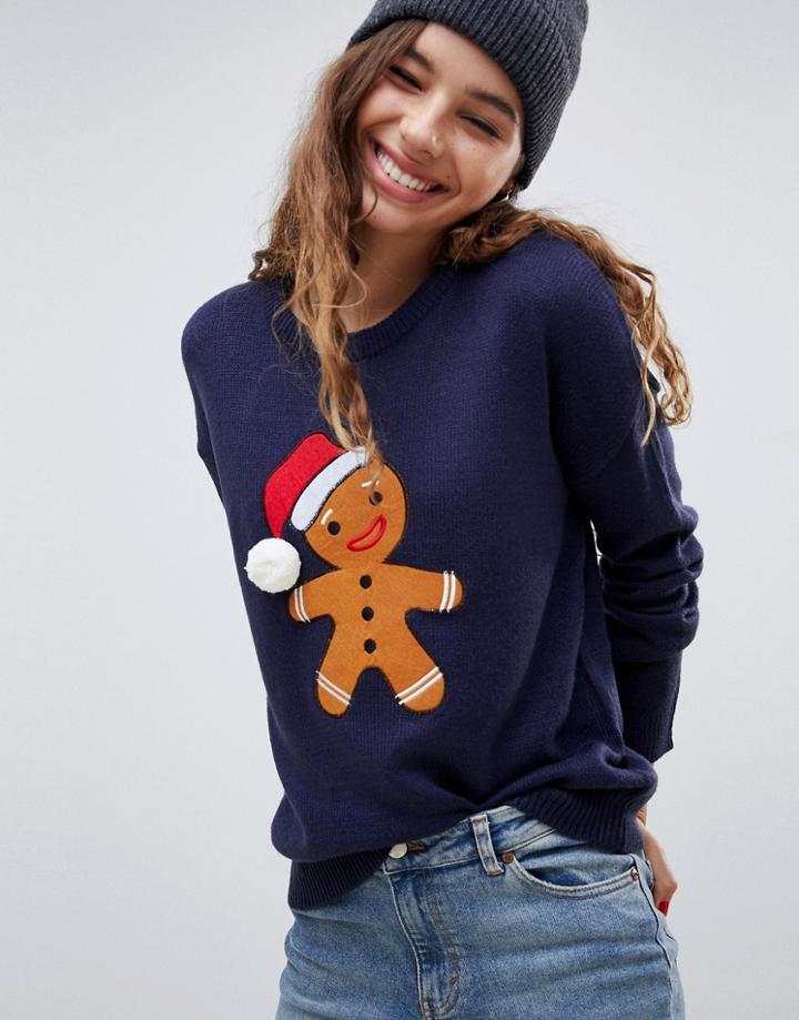 Brave Soul Gingerbread Christmas Sweater - Navy