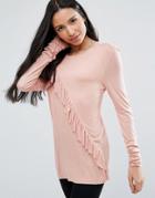 Bravesoul Long Sleeve Top With Asymetric Frill - Pink