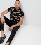 Asos Design Tall Polo With All Over Leopard Print - Black