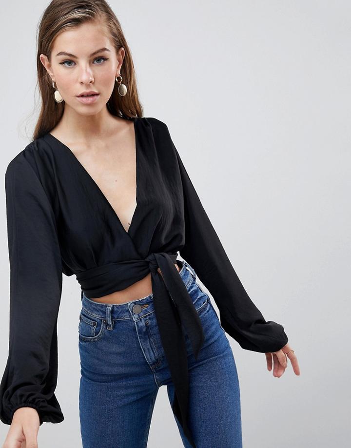 Asos Design Satin Plunge Top With Wrap Detail - Black