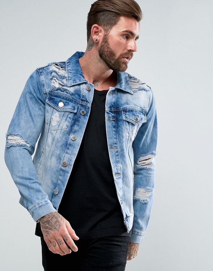 Good For Nothing Muscle Denim Jacket In Blue With Distressing - Blue