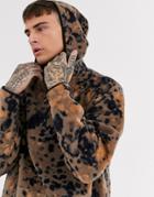 Asos Design Oversized Fleece Hoodie In Stone Leopard Print-beige