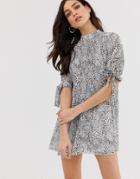 Asos Design Pleated Trapeze Mini Dress With Tie Sleeves In Splodge Print - Multi