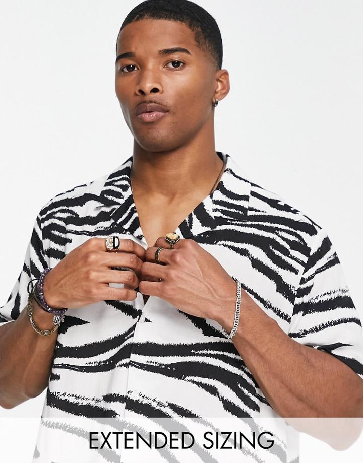 Asos Design Relaxed Camp Collar Shirt In Zebra Print-black